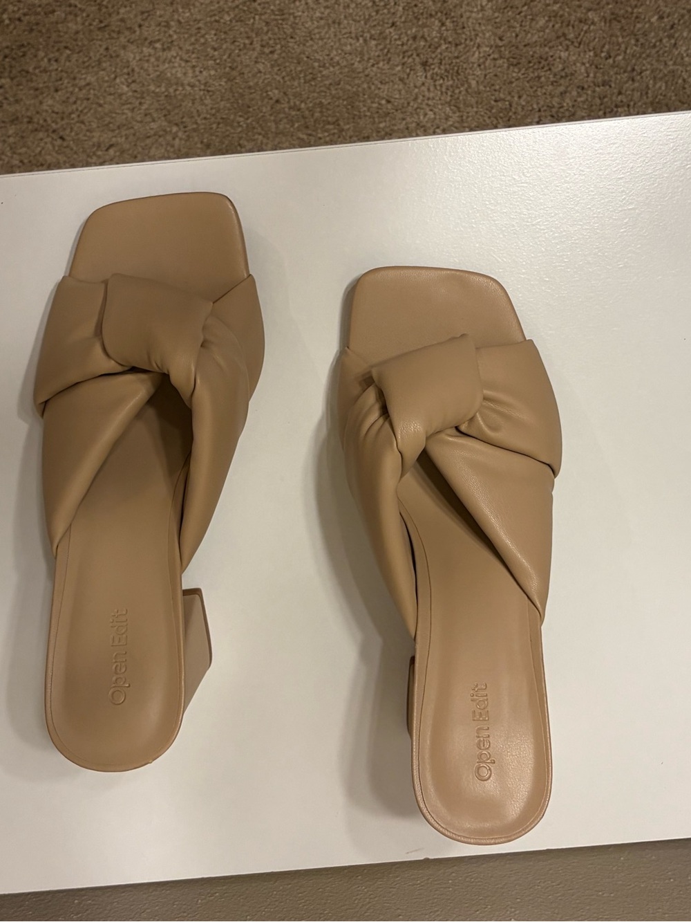 Open Edit Nude Knotted Block Heel Sandals Size 10 Square Toe Mules